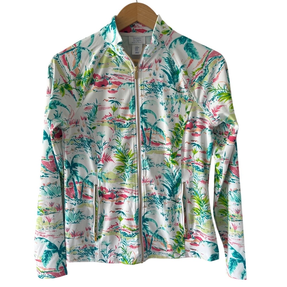 Sigrid Olsen Golf & Tennis Tropical Palm Print Full Zip Jacket White Pink M
